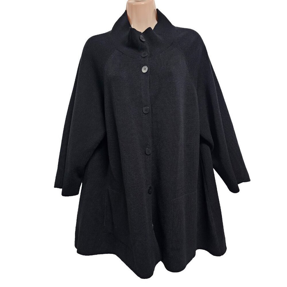 Eileen Fisher Button Up Mock Neck Kimono Jacket Women Size L Black Silk/Cotton